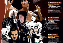Plakat wydarzenia "Jedenaste urodziny Kinochłona" przedstawiający harmonogram wydarzeń oraz grafikę z bohaterami filmowymi