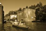 Black and white photo showing the canoeists entering the lock on the Augustów Canal, photo J. Koniecko