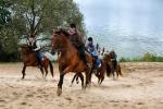 Jeźdźcy, na koniach, przemieszczający się na piaszczystej plaży, fot. J. Koniecko
