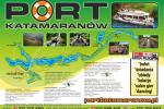 Port katamaranów - ulotka z rozkładem rejsów w Dolinę Rospudy, Szlakiem Papieskim, do Swobody, do Gorczycy, do Paniewa .Na ulotce jest sześć małych zdjęć , na których jest katamaran, widok z lotu ptaka na augustowskie jeziora, śluza Przewięź, Swoboda, Gorczyca, Paniewo oraz mapa szlaków wodnych dotyczących rejsów wskazanych w ulotce.Dodatkowo z prawej strony na dole jest informacja dotycząca baru Blues Brothers.