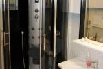 Zdjęcie przedstawia wnętrze łazienki w której znajduje się zlew, lustro oraz kabina prysznicowa z hydromasażem